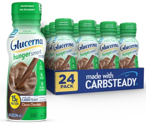 Glucerna Hunger Smart Diabetes Care Shake, Classic Chocolate, Diabetic Meal Replacement to Support Blood Sugar Management, 15g Protein, 180 Calories, Ready to Drink, 10 Fl Oz, 24 Pack