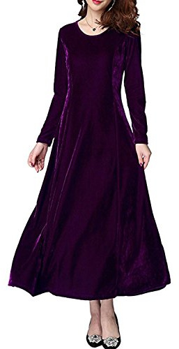 Xsayjia Robe Longue Femmes Hiver élégant Manches Longues Vintage Velours Maxi Robes de Soirée Cocktail Fête