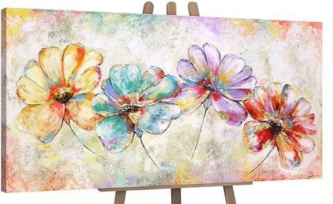 YS-Art Acryl Gemälde auf Leinwand handgemalt schöne Blumen Leinwandbild Abstrakt bunte Farben Wanddeko Wohnzimmer modern Wohndekor Büro Kunst 140x70 cm