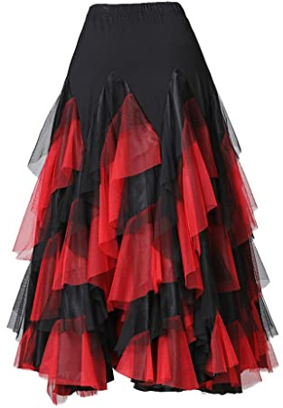 Sharplace Damen Knielang Maxirock Tanzrock Sommerkleid Bauchtanz Rock Tanzen Kostüm für Walzer, Tango, Latin - Schwarz Rot