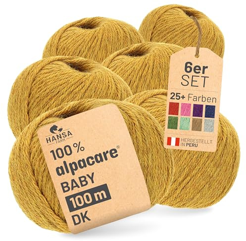 HANSA-FARM | Alpacare 100% die 1. maschinenwaschbare Baby Alpakawolle - 300 Set DK (6 x 50g) - kratzfreie Alpaka Wolle zum Stricken & Häkeln - Senfgelb