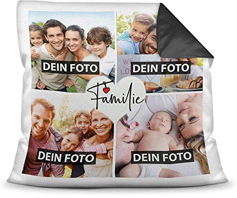 Print Royal Kissen mit Füllung - Fotocollage selbst gestalten mit Spruch - Familie - mit Vier eigenen Fotos - Geschenkidee Fotokissen - Farbkissen Rückseite Schwarz