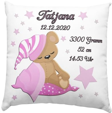 Baby Geschenk Kissen mit Namen und Geburtsdaten - Geburt Junge oder Mädchen Geburtsgeschenk Babykissen -personalisierte Babygeschenke -taufgeschenk von Taufpaten - neugeborenen Teddybär Rosa