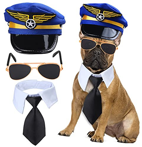 Yewong 3-teiliges Haustier-Kapitän Piloten-Kostüm-Zubehör-Set für Hunde und Katzen, Pilotenmütze, formelle Krawatte, Halsband, Zubehör für Haustier-Piloten-Kostüm, Halloween-Party (Set-C)