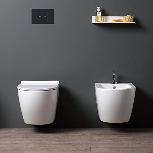 Kiamami Valentina - Set Sanitari Sospesi WC e Bidet in Ceramica | Linee Moderne e Tondeggianti | Installazione Sospesa | Scarico a Parete | Risciacquo Rimless | WC 36x35.5x49 cm, Bidet 36x32.5x49 cm