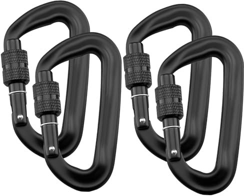 Intirilife 4er Set Karabiner Clips 12 kN 1200 kg Schwarz - 8.2 x 4.6 x 1.5cm - D-förmiger Schraubkarabiner, Twist Locking, Haken für Hängematten, Camping, Wandern, Hundeleine, Schlüsselanhänger