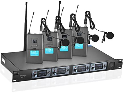 summina 4 Canali Sistema di Microfoni UHF Wireless Collo con Risvolto a clip 4 Microfoni 1 Ricevitore Cavo audio da 6,35 mm Display LCD