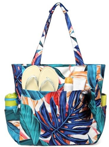 Kasgo Borsa Mare, Borsa Spiaggia Borsa Mare Donna Grande Borse da Piscina Leggero con Comodi Manici Chiusura Cerniera Antisabbia Elegante Tote Bag per Palestra Viaggio Shopping Scuola Foglia di Palma