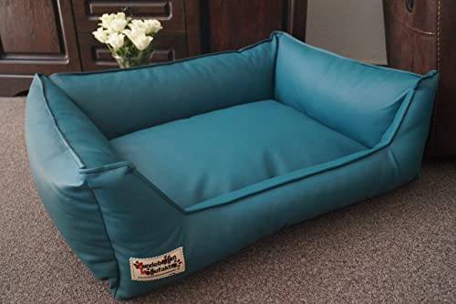 Hundebettenmanufaktur Hundebett Hundesofa Schlafplatz Kunstleder Similpelle Farbe und Größe wählbar von XS bis XXL (90 cm X 70 cm, Petrol)