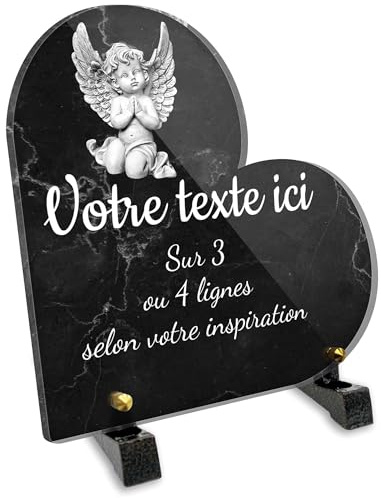 OCAP-FUNERAIRE.COM Grabschild mit Herzmotiv, personalisierbar, aus Plexiglas, Motiv: kleiner Engelot, verschiedene Größen, Dicke 6 mm, personalisierbar auf verschiedenen Linien, 15 x 15 cm