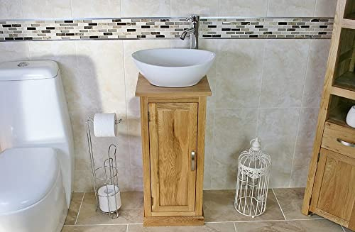 Slim Wooden Bathroom Vanity with Sink – Natural Oak Bathroom Sink Cabinet with Oak Top - One-Door Vanity Unit with Ceramic & Glass Bowls Sink and Chromed Mixer Tap - Oval Bowl