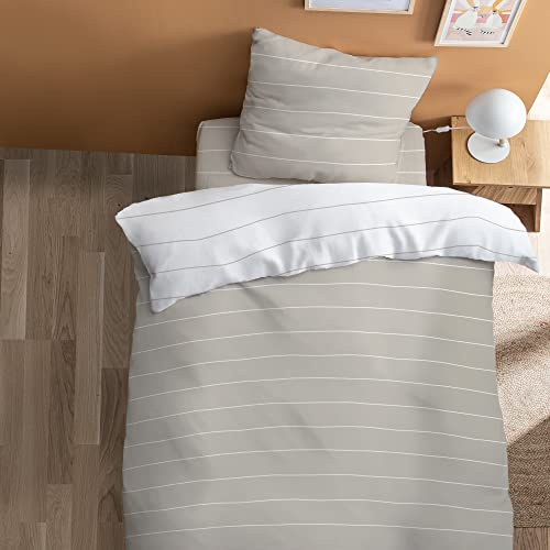 MATT & ROSE Parure de Lit 140x200 cm Stripes Imprimée Réversible | 100% Coton | Oeko-TEX | Housse de Couette 140x200 cm + 1 Taie d'oreiller 65x65 cm | Grège