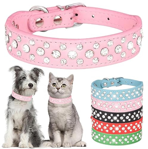 Strass-Hundehalsband, verstellbar, langlebig, PU-Leder, Kristall, Haustierhalsband, Diamant-Bling-Katzenhalsband, für kleine, mittelgroße und große Hunde, Rosa XS