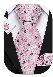 Barry.Wang Mens Pink Floral Ties Wedding Pocket Square Cufflinks Set Silk Woven Christmas Necktie