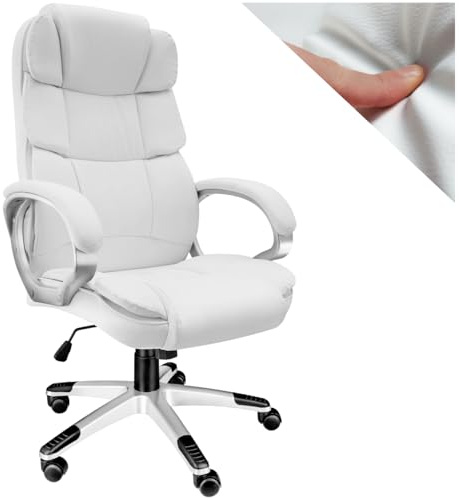 tectake® Poltrona da Ufficio, Sedia scrivania con Poggiatesta e Braccioli, Base con Rotelle, Sedia Ergonomica con Altezza Regolabile, Funzione Basculante, Poltrona Ufficio - Bianco