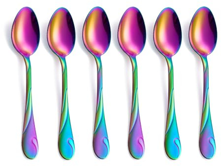 Rainbow Dessert Spoons, Seeshine 6.5-inch Stainless Steel Shiny Rainbow Teaspoon, Espresso Coffee Spoon, Tea Spoons Silverware, Set of 6