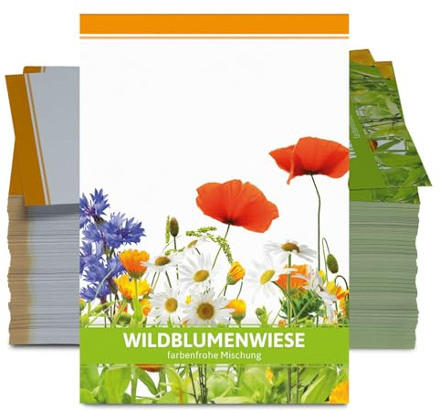 FLORTUS – Wildblumenwiese Samen für Gastgeschenke & Werbegeschenke (100 Stück) – bunte Wildblumensamen Mischung für Bienen, Schmetterlinge & Insekten – Saatgut für eine insektenfreundliche Blumenwiese