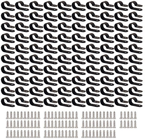 UMCHU 100 Piezas 11mm Clips de Nailon R de Nylon,Grapas de fijación por tornillo,Clips de Alambre para Cables,para Gestión de Cables Sujetadores de Clip de Alambre(Con 100 tornillos)