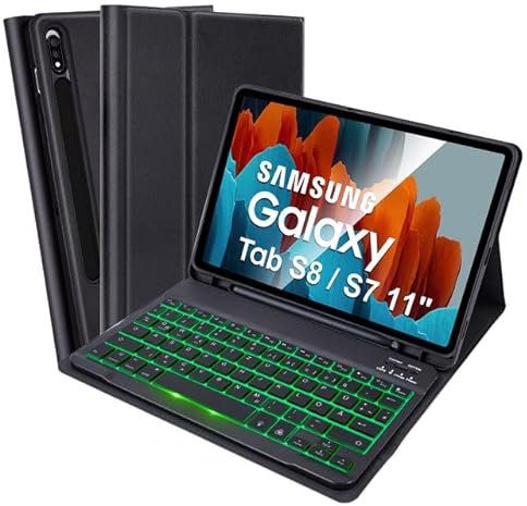 SOPPY Hülle mit Tastatur für Samsung Galaxy Tab S8/Tab S7, Kabellose 7-Farbige Beleuchtung Tastatur Hülle, Schutzhülle mit Stifthalter für Tab S8 11 2022/Tab S7 11 2020 - Deutsches QWERTZ, Schwarz