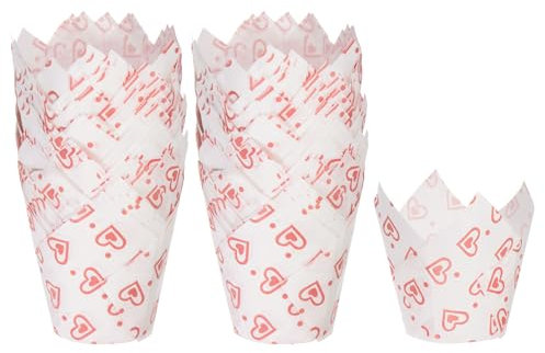 HARFINGTON 100 Stück Tulpen-Cupcake-Förmchen, Standard-Papier-Backförmchen, fettdichte Verpackungen, Einweg für Geburtstag, Bankette, Party, Weiß mit Herzmuster