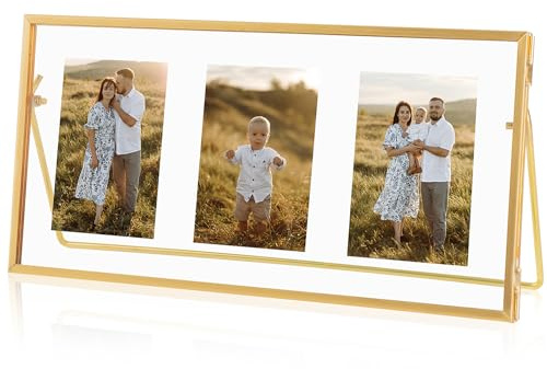 Jajamy Goldener schwebender Bilderrahmen, gehärtetes Glas, schwebende Rahmen, passend für 3 Fotos, 5 x 7 cm, Vintage-Stil, goldfarben, Collage-Bilderrahmen für Tischdisplay (horizontal)