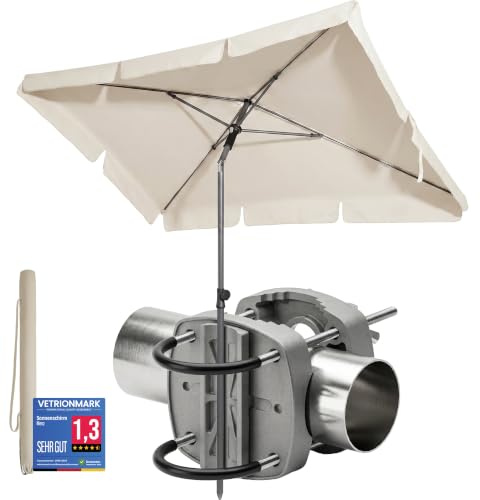 4smile Sonnenschirm Balkon, 3-in-1 SET - Sonnenschirm rechteckig 200 x 125 cm, UPF 50+, Sonnenschirmhalter Balkongeländer + Sonnenschirmhülle - Sonnenschutz Balkon, Beige