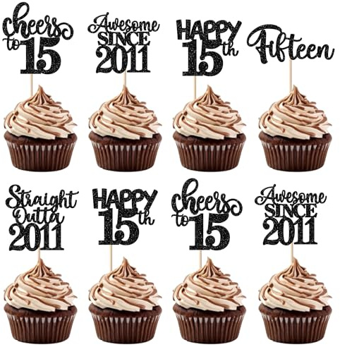 SYKYCTCY 30 Pack Happy 15th Birthday Cupcake Toppers Straight Outta 2011 Fifteen Awesome Since 2011 Cupcake Picks 15 Fabulous Cake Decorations for 15th Birthday Wedding Anniversary Party Black