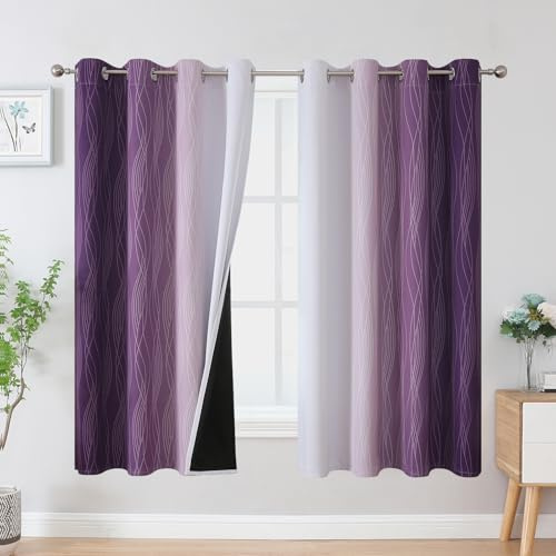 VEHEDE Cortinas opacas degradadas de color morado y blanco grisáceo para sala de estar, cortinas y cortinas con aislamiento térmico suaves para dormitorio de niños, 52 pulgadas de ancho x 63 pulgadas