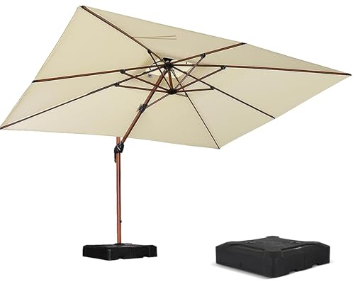 PURPLE LEAF Parasol Déporté 2,7 x 3,65 m Rectangulaire avec pied, Aspect du Teck en Aluminium, Parasol de Jardin Extérieur à Toit Double Rotatif 360°, Pour Terrasses, Restaurants, Crème