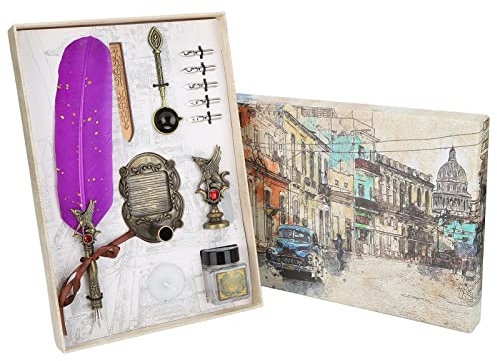 Emoshayoga Federstifte Set Federstifte Set, Dip Kalligraphie Quill Pen, Klassischer Stil mit Tinte, Urlaubsgeschenk, Lila