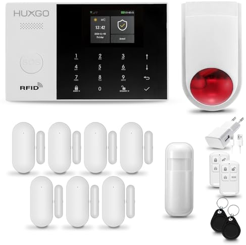 HUXGO® HXA005 Alarme Maison sans Fil WiFi + GSM 4G avec Sirène exterieure sans Fil | Système d'alarme avec détecteur de Mouvement, 7X capteurs de Porte | Kit sécurité Maison, Appartement, Garage