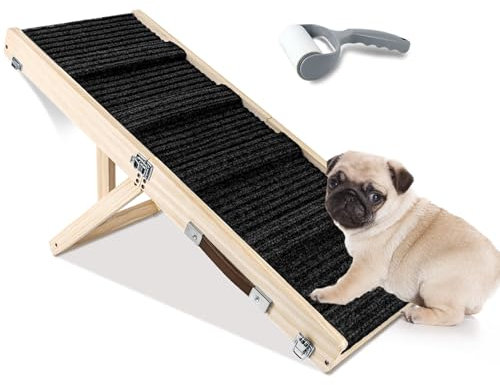 Umtiti Haustierrampe aus Holz, zusammenklappbar, tragbar, 4 Stufen, verstellbar, 22,9 cm bis 43,9 cm, mit Rutschfester 5 Pfoten-Traktionsmatte für kleine, mittelgroße Hunde.Dog Ramps-BK,DE