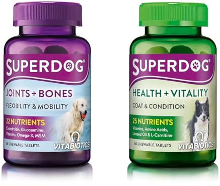 Bundle of Vitabiotics Superdog Joint Supplement for Dogs, with Glucosamine, Calcium & Green Lipped Mussel + Vitabiotics Superdog Supplement For Dogs, with Linseed Oil Ginseng & Vitamins A, C, D & E