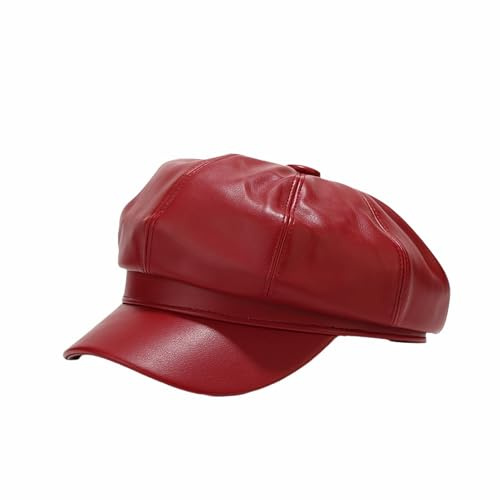 Heavyoff Damen Ballonmütze PU Leder Schirmmütze Vintage Style, Bakerboy Schiebermütze, Newsboy Cap, Rot