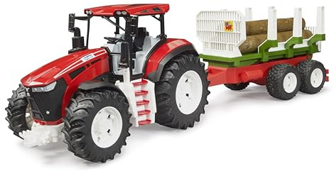 bruder 03453 - ROADMAX Traktor mit Rückeanhänger & 3 Baumstämmen | Forstwirtschafts Set mit Holzanhänger, Sandkasten Fahrzeuge, Bauernhof, Landwirtschaft, Spielzeug ab 2 Jahren