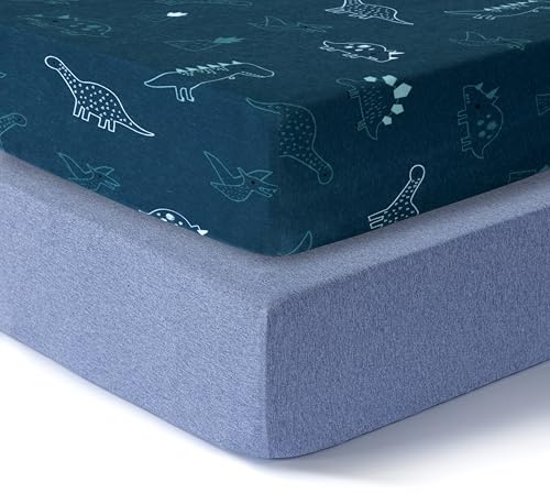 Dreamology Bettlaken für Kinderbett, 100 % Baumwoll-Jersey, 2er-Pack, superweich, natürlich, atmungsaktiv, pflegeleicht, hypoallergen, strapazierfähige Babybettwäsche für Kinderzimmer (Dino/Jeansblau | Spannbetttuch, für Mädchen, Jungen, Kinderbettlaken, 120 x 60 cm, Kinderbettlaken, Baby-Matratzen-Bettlaken, Dino, Jeansblau