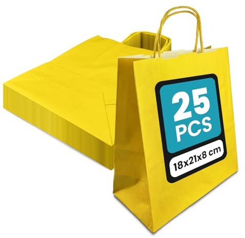 Netuno 25 Einkaufstüten mit Henkel gelb 18x21x8 cm für Geschenke | Stabile Tragetaschen aus Kraftpapier – für Handel, Verkauf, Party, Weihnachten, Ostern, Boutique, Markt & Mitgebsel