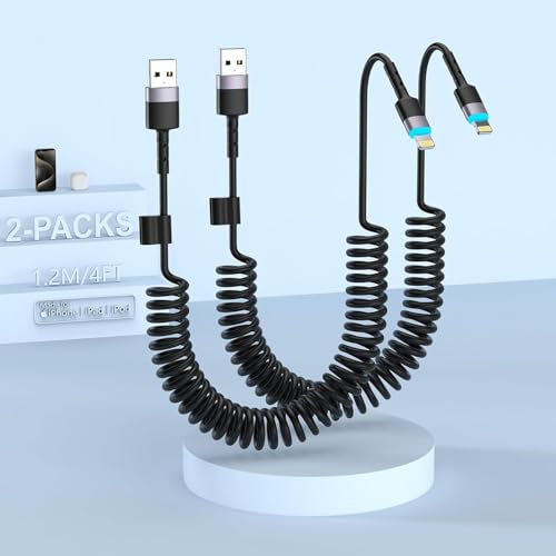Coiled Lightning Cable For Apple Carplay Cable for Car, 2Pack 6FT Coiled Lightning Cable Lead, 6ft [Apple Mfi Certified] Coil iPhone Charger Cord Compatible with Iphone