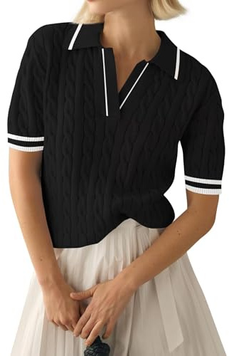 LACOZY Chemises d'été à manches courtes pour femme, col en V, avec patte de boutonnage, style polo, style décontracté, léger, en jersey côtelé, pour les affaires, Noir , L