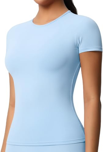 JTSONN Sport-t-shirt för kvinnor, kortärmad, ventilerande, funktionell rundhalsad löpartröja, kompression, yoga, gymtopp för träning löpning, Himmelsblå, S