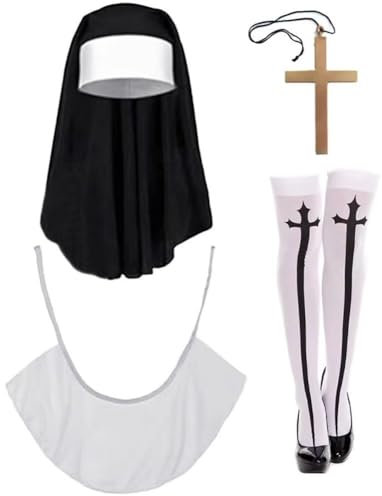 Luxylei 4-teiliges Nonnen-kostüm-zubehör-Set, Nonnen-Outfit-zubehör Kopfbedeckung, Kragen, Halskette Kreuzanhänger, Kniehohen Socken Für Frauen