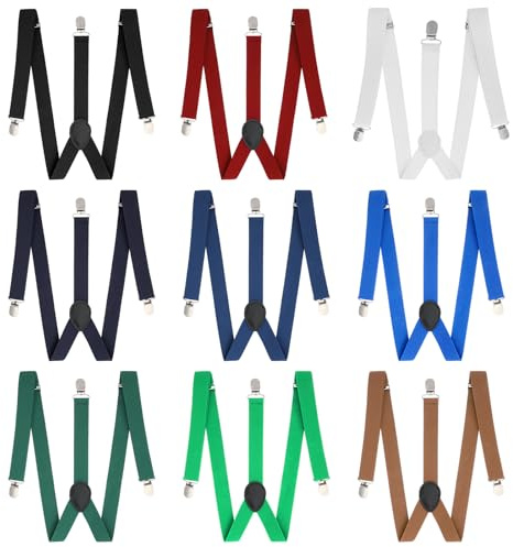 Afcabakila 9 Pcs Adjustable Elastic Y Back Style Suspenders, 1 Inch Wide with Metal Clips, for Men and Women, 9 Colors
