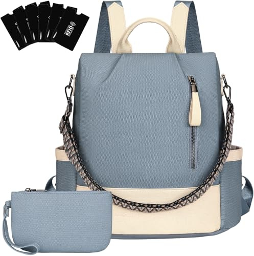 Eshow Rucksack Damen Klein Vegan Leder, Anti-Diebstahl Kleiner Cityrucksack Tagesrucksack Elegant Wasserdicht, Rucksacktasche mit Clutchbag RFID Blocker Modern für Pendeln Schule Arbeit Reise Blau
