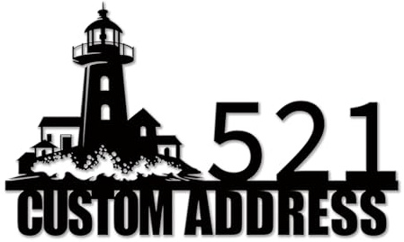 Custom Lighthouse Address Plaque, Personalized Lighthouse House Numbers Sign with Family Name, Outdoor Nautical Metal Wall Art for Home, Beach House Front Door Decor (Style-2)