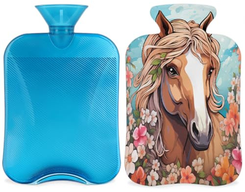 Entemne 2L Wärmflasche Elegant Pferd Blumen Wärmbeutel mit Bezug Wiederverwendbare Therapie-Tasche zur Schmerzlinderung Menstruationskrämpfe, Muskelkater Winter Wärme Geschenk