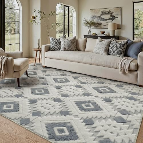 PureCozy Blau Grau Teppich Wohnzimmer 150x210cm Boho Schlafzimmer Waschbarer Groß Teppiche 3D Effekt Gegend Esszimmer Kinderzimmer Bettvorleger Flauschig Kurzflor Carpet