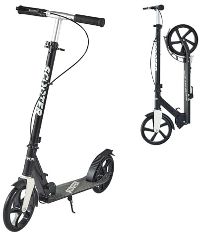 VEVOR Patinete a Niños a Partir de 8 Años, 2 Ruedas, con Manillar Regulable en Altura y Base Antideslizante, Freno Mano, Marco de Aleación Aluminio, hasta 100 kg, Negro Plata, 900 x 380 x 1000 mm