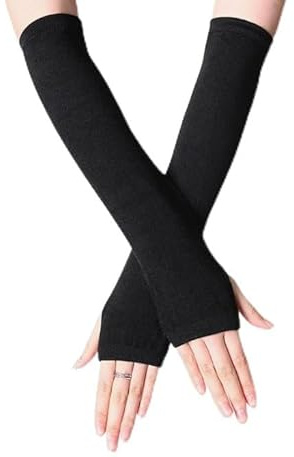 JSMTKJ Lange Armstulpen, 2 Paar Thermo Gestrickte Fingerlose Handschuhe Warm Winterhandschuhe Dehnbar Handstulpen Pulswärmer mit Daumenloch und Dehnbarem Design