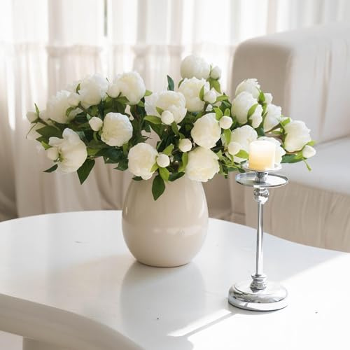 PARTY JOY 10 Stück künstliche Pfingstrosenblüten, künstlicher Pfingstrosen-Hortensienstrauß aus Seidenblumen mit Stielen für Hochzeiten, Partys, Büros, Wohnraumdekoration (weiß)