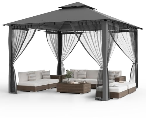 Amopatio 3,4 x 3,4 m trädgårdspaviljong vattentät stabil vintersäker, dubbeltak, trädgårdspaviljong med myggnät, deluxe uteplats, gazebo, väderbeständig, festtält, lusthus, metall för poolsida